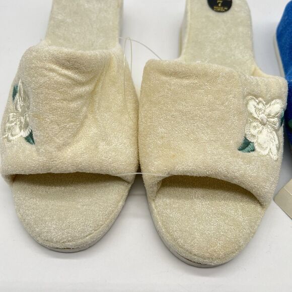 VTG 2 Pairs of 1980s Blue/Cream Terry Cloth Slippers w/Floral Applique NOS-Sz 7 - Picture 4 of 8